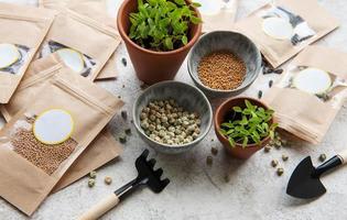 Microgreen seeds in paper bags and equipment for sowing microgreens. photo