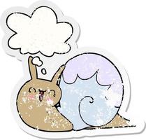 cute cartoon snail and thought bubble as a distressed worn sticker vector