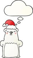 cartoon bear wearing christmas hat and thought bubble in smooth gradient style vector