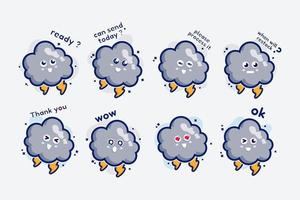 cute character set bundle mascot and sticker design cloud for online shopping emoticon expression face and thunder storm cloud vector