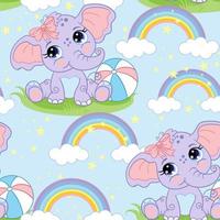 Seamless vector pattern with cute elephant and rainbow