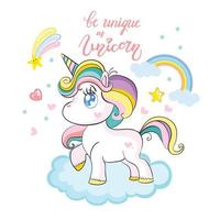 lindo bebé unicornio personaje de pie en la nube vector