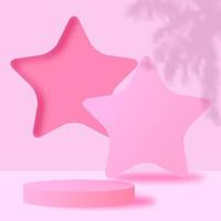 Realistic Pink 3D cylinder pedestal podium with window Star shape background. Valentine minimal scene for products showcase, Promotion display. Vector abstract studio room platform design.