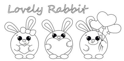 Mini set with cute cartoon Lovely Rabbit. Draw illustration in black and white vector