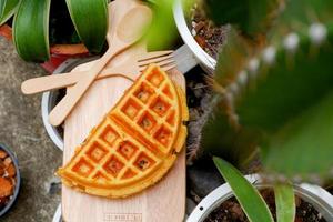 Top view. The waffles on the wooden plate at garden. photo