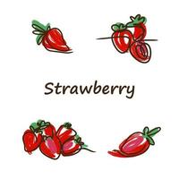 Strawberry set, line drawing, juicy, ripe and delicious, green and red color vector