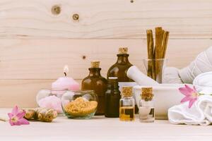 Natural Spa Ingredients Aromatherapy and Natural Spa theme on wooden background. photo