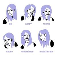 Set of a girl who shows emotions, cartoon drawing vector