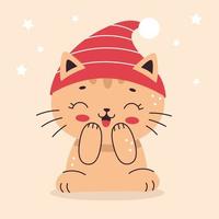 Cute little cat in a cap. Illustration in cartoon flat style. Home pet, kitten. Vector illustration for nursery, print on textiles, cards, clothes.