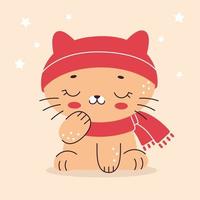 Cute little cat in a cap and a scarf. Illustration in cartoon flat style. Home pet, kitten. Vector illustration for nursery, print on textiles, cards, clothes.