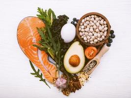 Heart shape of ketogenic low carbs diet concept. Ingredients for healthy foods selection on white wooden background. Balanced healthy ingredients of unsaturated fats for the heart and blood vessels. photo