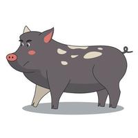 Cerdo de jabalí negro serio en estilo de dibujos animados para niños, grandes ilustraciones de animales mamíferos aislados.