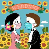 Covid wedding in sunflower field with bride and groom hand drawn cartoon vector