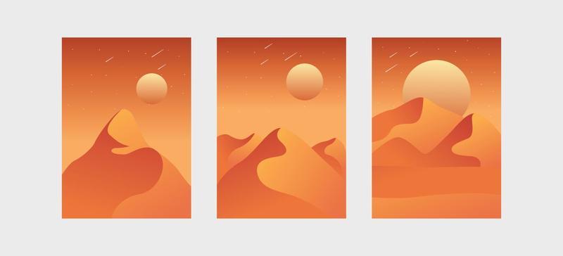 Set of abstract mountain landscapes in arches at sunset