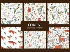 Cute forest animals seamless patterns collection. Woodland hand drawn vector backgrounds set of deer, bear, fox, hedgehog and birds