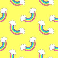 Pattern with little rainbows and clouds on the yellow background. Graphic design. vector