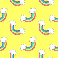 Pattern with little rainbows and clouds on the yellow background. Graphic design. vector