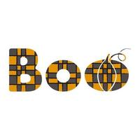 inscripción boo con calabaza en forma de una cálida tela escocesa a cuadros naranja y gris aislada en un fondo blanco. texto boo estilizado en halloween. vector