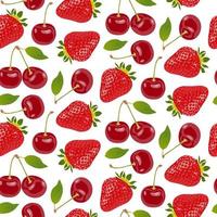 Seamless pattern with bright appetizing red ripe berries on a white background. Juicy, delicious strawberries and cherries. Vector illustration. For textiles, wallpaper or wrapping.