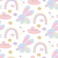Seamless bright pattern with cute cartoon rabbit, rainbow, flowers and clouds on a white background. Vector template for printing on fabric, wrapping paper, wallpaper. Kids texture.