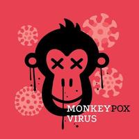 Monkey face with virus cells on red background. New Monkeypox 2022 virus - disease transmitted by monkey, ape Simple vector illustration in flat style