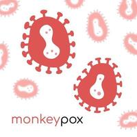 Banner with the inscription Monkeypox Virus and icon of the red virus cells. Vector flat hand drawn illustration.