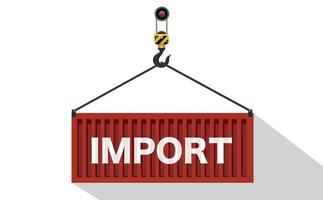 Port crane lifts a brown cargo container with the word Import. Logistics concept. White background. Vector illustration