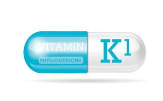 Capsule of vitamin K1 blue-white structure. 3D Vitamin complex with chemical formula. Personal care, beauty concept. copy space. Vector illustration