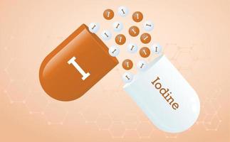 Iodine is a trace element. Capsule with element icon I. Healing minerals. Medical background honeycomb grid of hexagons in brown color. Poster. Vector illustration