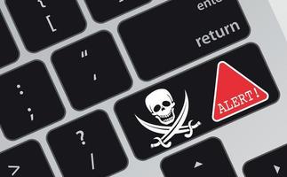 teclado portátil con icono de calavera y tibias cruzadas e icono de alerta de pesca roja. cartel de información ilustración vectorial vector