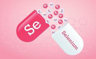 Selenium, trace element. Se element icon capsule. Healing minerals. Medical background honeycomb grid of hexagons in pink color. Poster. Vector illustration