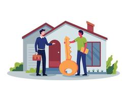 Buy or rent real estate illustration. People buying property, Property market, Real estate agent. Mortgage loan and ownership concept. Vector illustration in a flat style