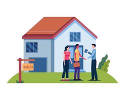 Buy or rent real estate illustration. People buying property, Property market, Real estate agent. Mortgage loan and ownership concept. Vector illustration in a flat style