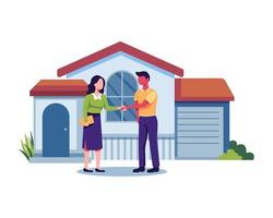 Buy or rent real estate illustration. People buying property, Property market, Real estate agent. Mortgage loan and ownership concept. Vector illustration in a flat style