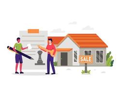 Buy or rent real estate illustration. People buying property with mortgage, Reading contract and legal document. Property market, Real estate agent concept, Vector illustration in a flat style