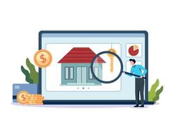 Real estate search illustration concept. People looking home on market, Buy or rent house online. Vector illustration in a flat style