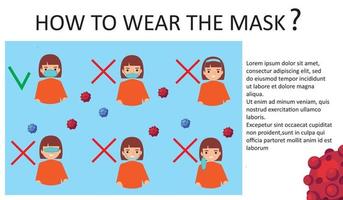 How to wear a medical mask correctly. Examples of use on a woman's face. Wrong with the sign of the cross vector