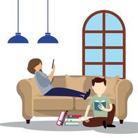 People working at home, coworking space. Young man and woman freelancers working on computers and notebooks at home. People at home in quarantine. Vector flat style self employed illustration.
