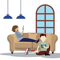 personas que trabajan en casa, espacio de coworking. autónomos de hombres y mujeres jóvenes que trabajan en computadoras y portátiles en casa. personas en casa en cuarentena. ilustración de estilo plano vectorial por cuenta propia. vector