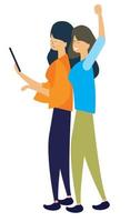 People group selfie. Friendly guy makes group photo with smiling friends on smartphone camera in hands vector cartoon