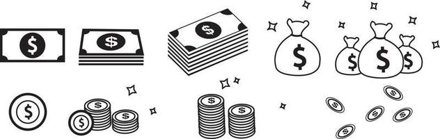 dinero, factura, dinero, ilustración de icono de vector de dólar americano en blanco y negro