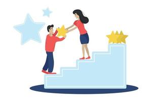 Man and Woman give each other star to give Feedback standing on stairs vector