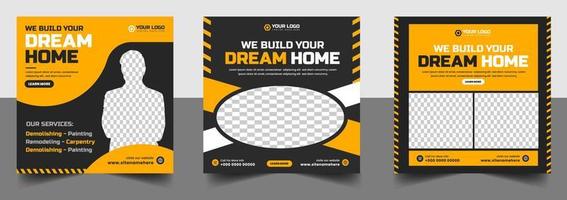 Construction social media post banner design Template with yellow color, Corporate construction tools social media post design, home improvement banner template, home repair social media post banner. vector