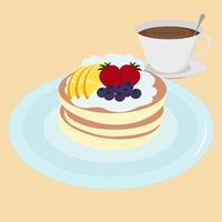 vector ilustrador de panqueque suave y esponjoso con crema limpiadora y fruta servida con una taza de café