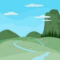 Illustrator vector of village in the middle of Mountain , view of mountain ,meadow and blue sky