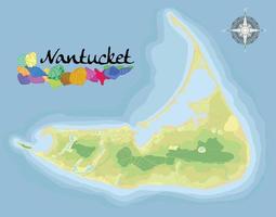 carretera de la isla de nantucket. mapa de fondo satelital realista con designación de playas, lugares para descansar y entretenimientos. dibujada con precisión cartográfica. una vista de pájaro. vector