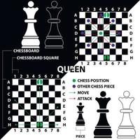 Queen. Chess piece made in the form of illustrations and icons. Black and white queen with a description of the position on the chessboard and moves. Educational material for beginner chess players. vector