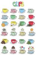 Illustration of cups for tea and coffee with different ingredients. Use for menu tea and coffee bars. Vector illustration drawn by freehand.