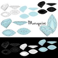 Marquise cut. Cutting gems stones. Types of diamond cut. Four sides of jewelry with facets for background, carving and coloring. Black, white and color variants. vector