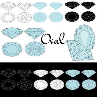 Oval cut. Cutting gems stones. Types of diamond cut. Four sides of jewelry with facets for background, carving and coloring. Black, white and color variants.